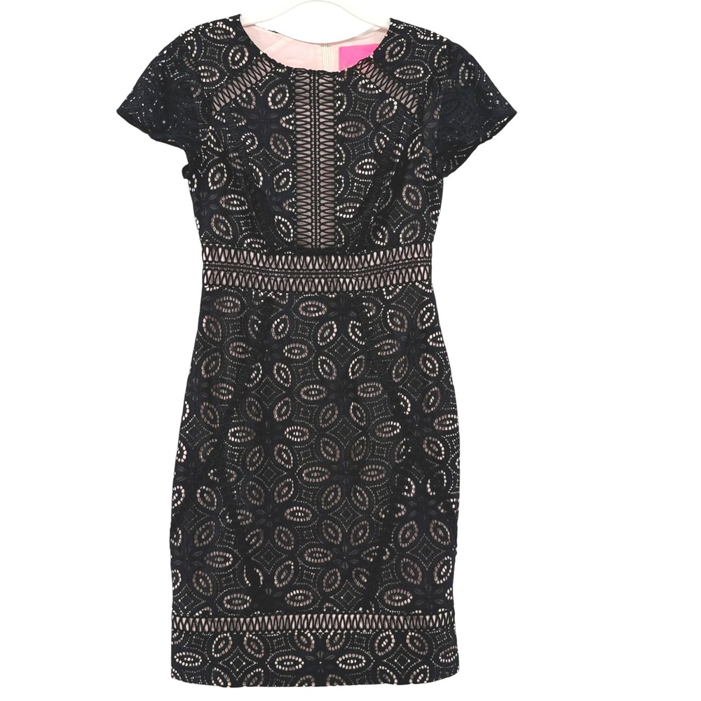 Lilly Pulitzer Womens Black Lace Sheath Dress Pink Lining Short Sleeve Size 0